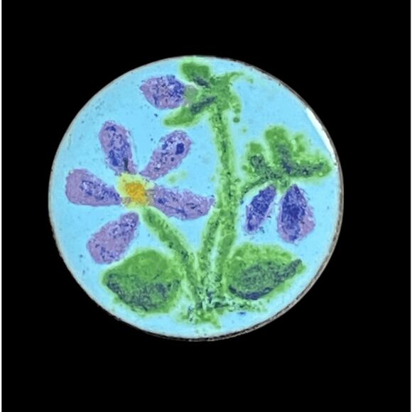 Vintage Enamel on Copper Round Violet Flowers Pin Brooch - Picture 1 of 3